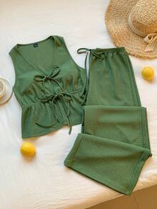Comfortcana 女士休闲度假通勤纯色V领无袖系带前摆荷叶边上衣和阔腿裤套装，春夏款 - 橄欖綠 - 查看 4