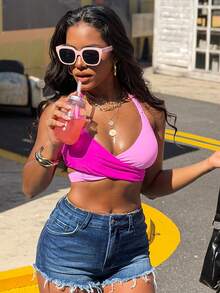 Slaydiva Women's Color Block Halter Bikini Top, Beach Bathing Suit Summer - Pink - View 6