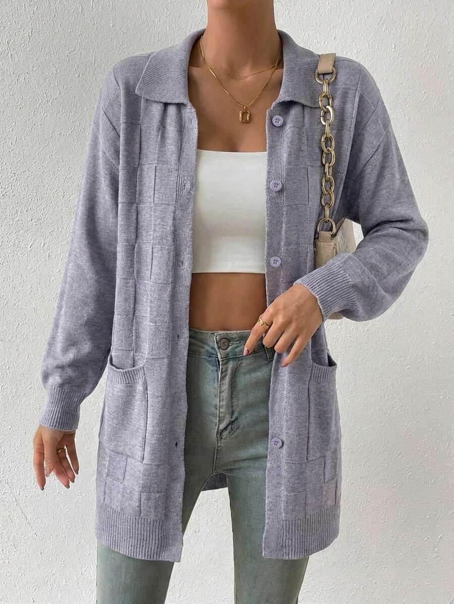 Cárdigan de punto para mujer con botones delanteros, cuello y bolsillos, Suéteres de mujer - Gris - Ver 1