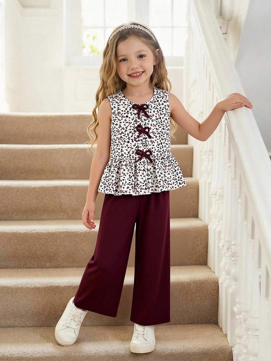 SHEIN Setelan Camisole dan Celana Panjang Lebar Motif Bunga Kecil Musim Panas untuk Anak Perempuan, Pakaian Seragam Keluarga yang Manis & Imut untuk Keperluan Sehari-hari di Luar Ruangan - MultiWarna - View 1