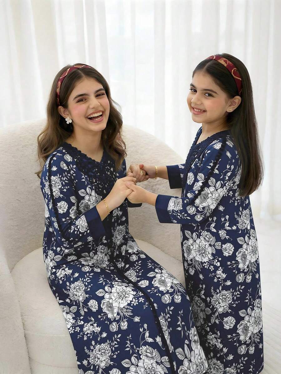 SHEIN Young Girls Casual Back To School Spring Blue White Dress Print - Navy Blue - View 1