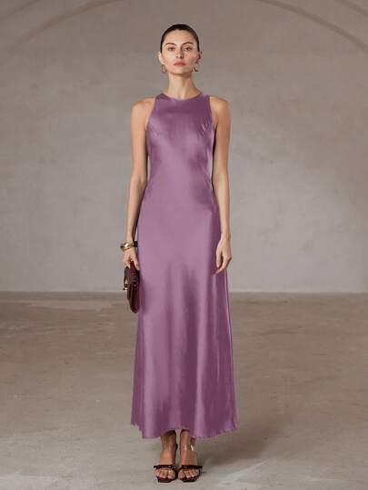 Aveloria Modichic Minimalist Elegant Asymmetric Hem Double-Sided Satin-Like Acetate Fabric A-Line Sleeveless Dress For Women