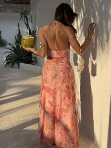 Sunnyshic 女士休闲度假日常百搭时尚户外派对波西米亚风佩斯利印花网纱层叠荷叶边腰带连衣裙，春夏款 - 彩色 - 查看 2