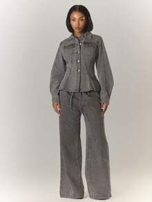 MUSERA Cinched Waist Curved Hem Contrast Stitch Denim Jacket Co-Ord Top Only Winter Night Out Going Out Streetwear Cute Back To School Sexy Uncut Chic - Grey - View 5