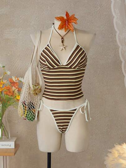 Bellisia Women's Summer Beach Striped Halter Tie Fashionable Tankini Swimsuit Set