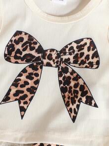 SHEIN Baby Girl Summer Apricot Leopard Print Set, Textured Sleeveless Top And Leopard Print Shorts With Apricot Bow Accent, Essential Daily Outfit - Khaki - View 8