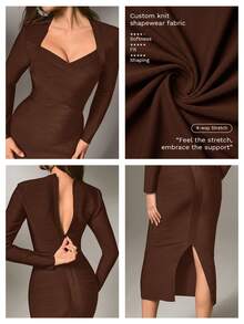 Nuvra Women's Romantic Vacation Curve-Flattering Long Sleeve Bodycon Slit Waist Fitted Bandage Knit Dress - Brown - View 2
