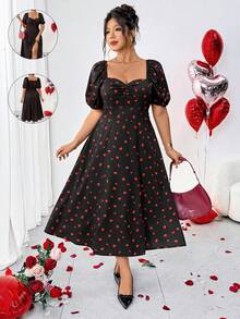 Elenzga Plus Size Sweetheart Neck Multicolor Strawberry Print Long A Line Dress Featuring Puff Short Sleeves And Flared Hem - Multicolor - View 3