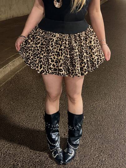 J-Fashion Y2K Harajuku Bubble Rock Leopardenmuster Große Größen Damen Mini Rock mit Shorts, A-Linie & Glocke