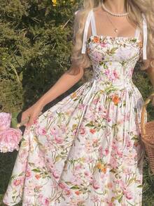 SHEIN MOD 女士蝴蝶结吊带印花长裙 - 彩色 - 查看 3