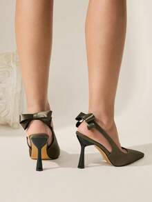 CUCCOO CHICEST 女士时尚尖头低帮细高跟后跟蝴蝶结装饰露跟优雅舒适浅口鞋，适合春秋季晚宴派对，黑色，圣诞节适用 - 軍綠色 - 查看 5