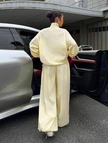 Muchica 2pcs Women Sports Style Yellow Collar Jacket And Casual Pants Set