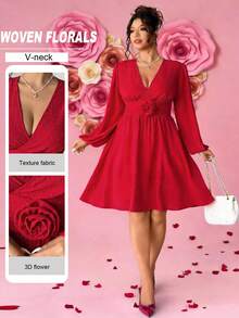 Elenzga 情人节加大码女式V领褶皱玫瑰3D花卉装饰A字浪漫红色连衣裙，情人节 - 紅色 - 查看 1