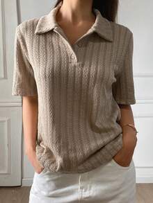Livesso Camiseta de mujer con diseño de cuello polo, estilo casual y holgado, unicolor, para oficina, con estilo de dinero antiguo - Caqui - Ver 1