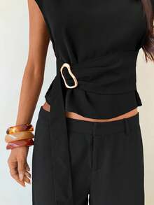 Aloruh 咖啡色金属扣装饰办公衬衫 - 黑色 - 查看 6