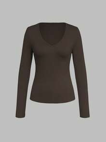 Kaos Wanita Kasual Warna Polos Leher V Lengan Panjang - Coffee Brown - View 3