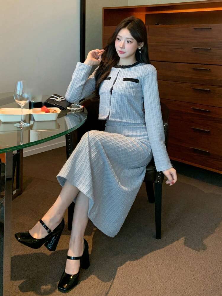 Spring/Summer Plaid Blue Cardigan Crop Top & A-Line Skirt Set, Color Block, Elegant For Valentine's Day, Wedding, Party, Formal Occasion, Fashion, Slim Fit, Commute, 2-Piece Outfit For Women