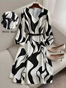 Franclia 女士灯笼袖系带A字印花中长连衣裙，优雅日常通勤之选，法式风格，黑白配色 - 黑與白 - 查看 1