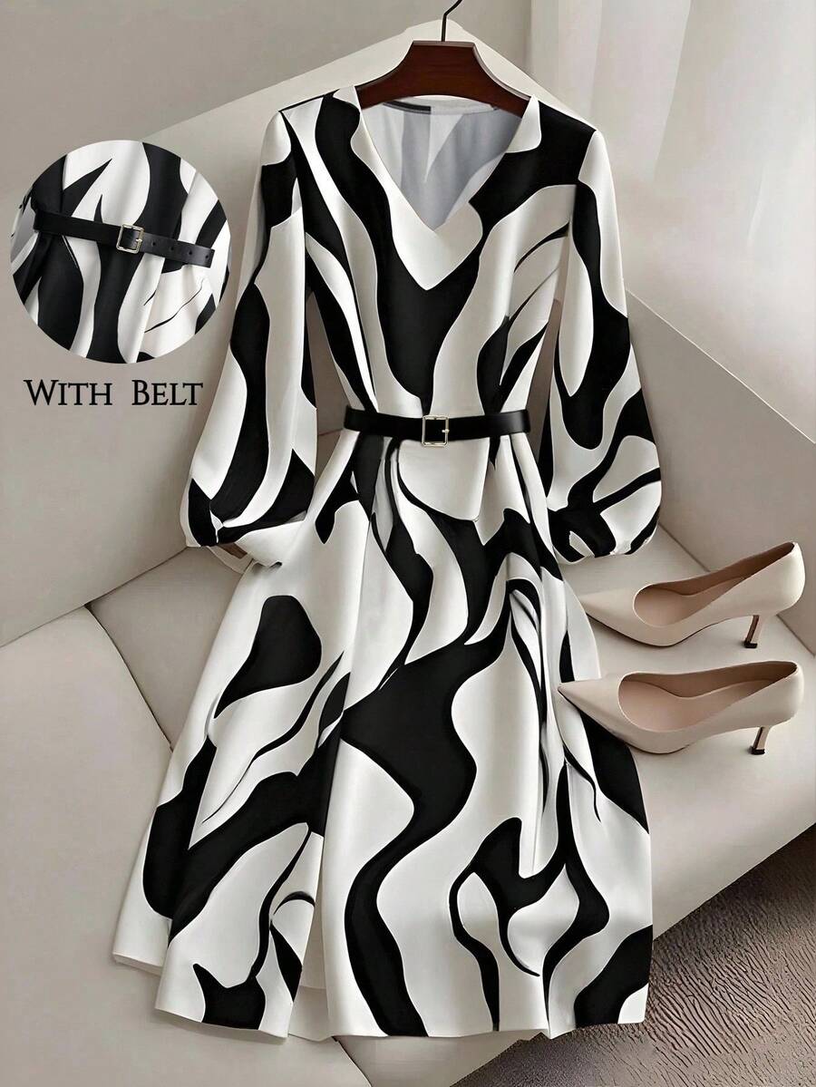 Franclia 女士灯笼袖系带A字印花中长连衣裙，优雅日常通勤之选，法式风格，黑白配色 - 黑與白 - 查看 1