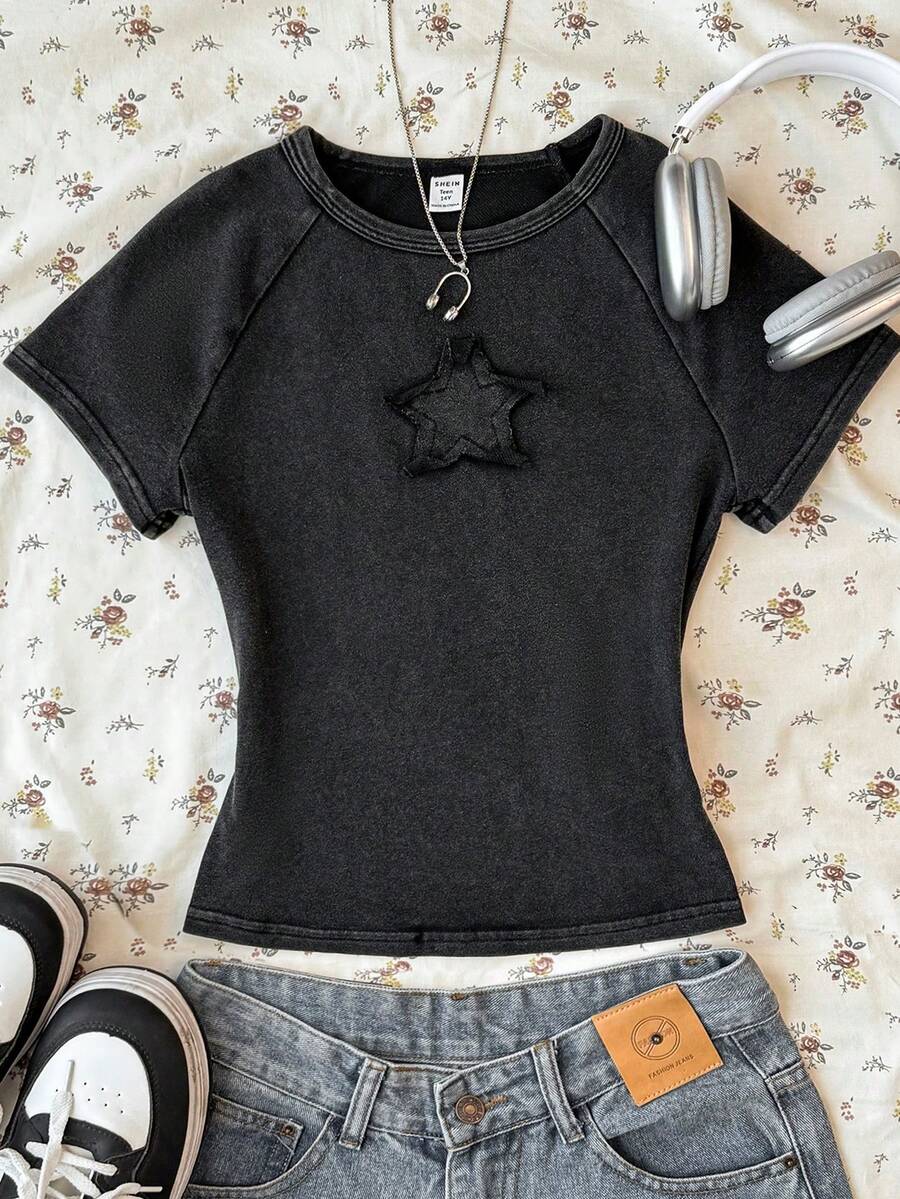 SHEIN Teen Girls' Distressed Washed Grey Star Print Short Sleeve Crop Top With Frayed Hem, Street Style Tween Girl Clothes Cute Tops Black Tops Teen Girl Clothes School Tops - Dark Grey - View 1