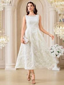 Modelyn Women's Elegant Party Banquet Jacquard Faux Pearl Decor Sleeveless Waist Fitted Dress - Apricot - View 3