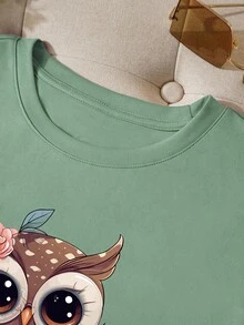 INAWLY Women's Short Sleeve Round Neck T-Shirt With Green Owl Print Graphic Tees Women Tops - Green - View 5