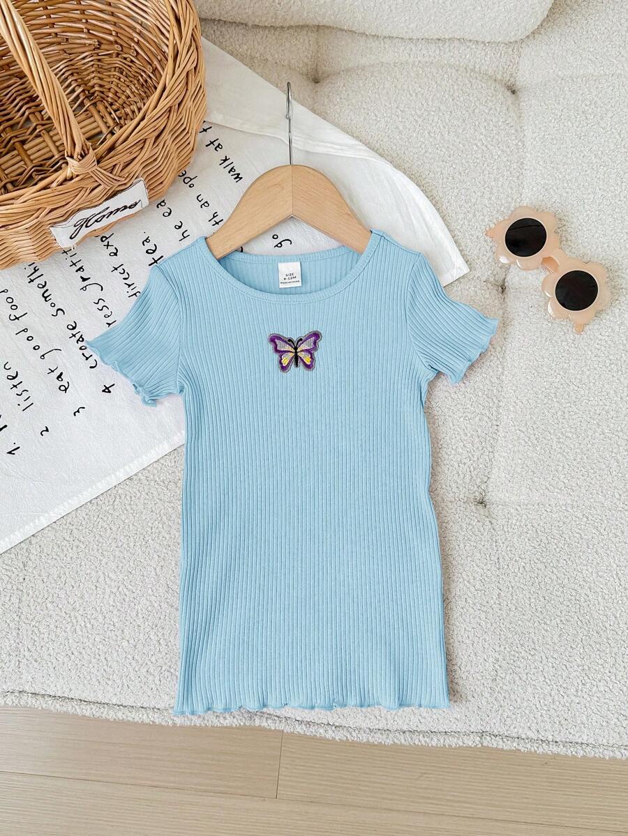 SHEIN 女婴可爱针织休闲弹力荷叶边刺绣图案短袖连衣裙 - 藍色 - 查看 1