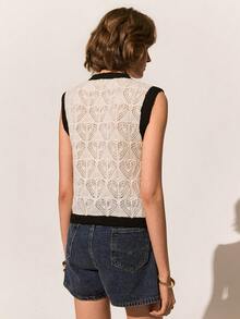 Poéselle Women's New Casual Loose Personalized Minimalist Commuting French Style Hollow Out Sleeveless Knit Top, Spring/Summer - Black and White - View 7