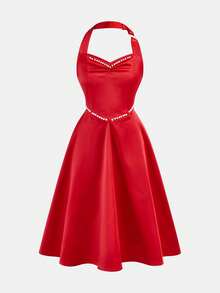 SHEIN Tween Girls Halter Bow Elegant Dress - Red - View 2
