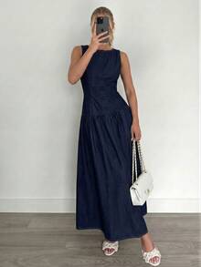 Siren Gaze Women's Dark Blue Denim Dress, Sleeveless Long Dress, Elegant And Stylish Summer Dress Spring - Medium Wash - View 5