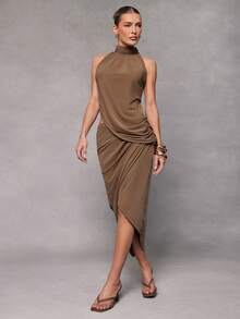 Hauture Women's Sexy Simple High Neck With Draped Detail And Side Ruched Maxi Dress - Khaki - View 2