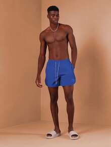 SUMWON 常规版型沙滩泳裤，弧形裤脚和抽绳设计，适合夏季游泳池度假休闲沙滩装穿着，纯色 - 藍色 - 查看 4