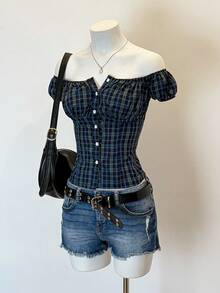 Jeanoix 女士休闲露肩格纹衬衫，收腰设计，春夏款 - 藏蓝色 - 查看 3