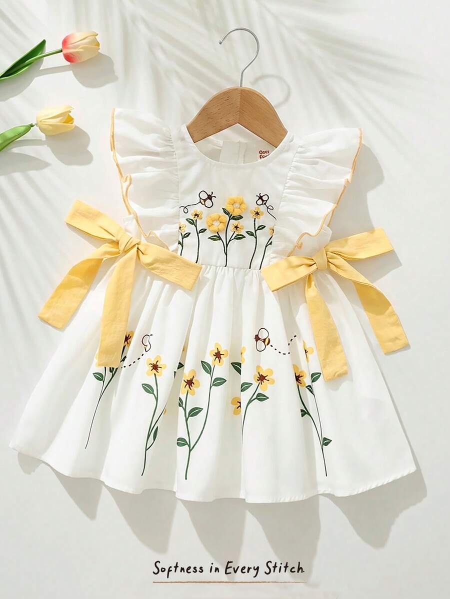 Cozy Pixies 女婴碎花印花短袖收腰连衣裙 - 黃色 - 查看 1