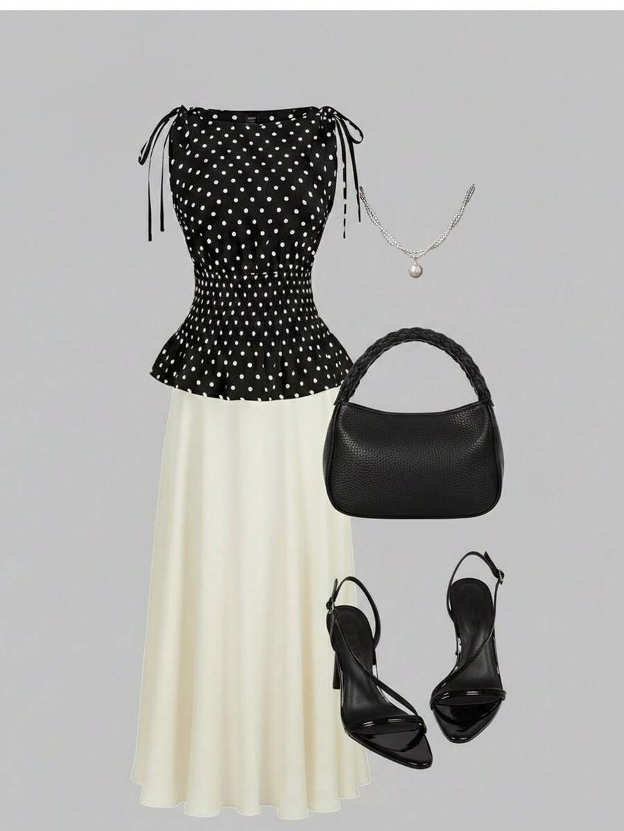 Sweetra 大码波点系带肩部荷叶边下摆无袖吊带衫 - 黑與白 - 查看 1