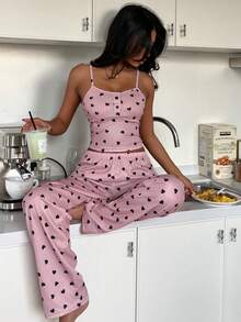 SHEIN Conjunto de pijama de camiseta y pantalones con estampado de corazón y botones falsos para mujer - Rosa vieja - Ver 4