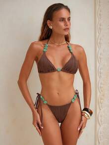 Swim Chiccia Conjunto de bikini casual de mujer de color marrón café con Bottom con lazos laterales y parte superior de tirantes finos. Conjunto de traje de baño de dos piezas marrón acanalado para mujer. - Café integral - Ver 6