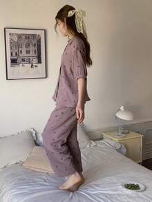 DAZY Teen Girls Minimalist Print Short Sleeve Top And Pants Pajama Set - Purple - View 6