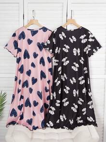 2件套少女简约优雅睫毛印花圆领短袖睡衣休闲家居服套装 - 彩色 - 查看 2