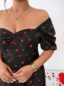 Elenzga Plus Size Sweetheart Neck Multicolor Strawberry Print Long A Line Dress Featuring Puff Short Sleeves And Flared Hem - Multicolor - View 4