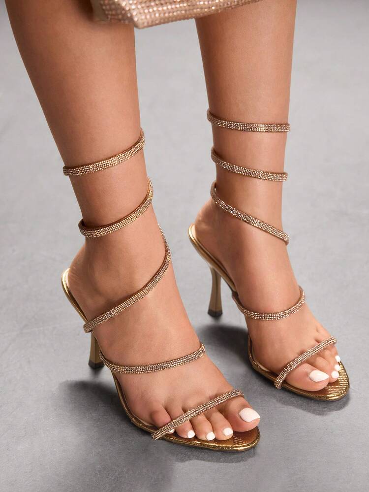 CUCCOO SZL Women's New Sexy Snake Wrap Sparkling Rhinestone Decor Gold High Heel Shoes, Stiletto Heels Sandals For Evening Party, Date For Christmas Valentine's Day Prom Heels