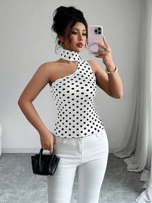 Elenzga Women's Y2K Polka Dot Print Fitted Halter Neck Camisole - White - View 5