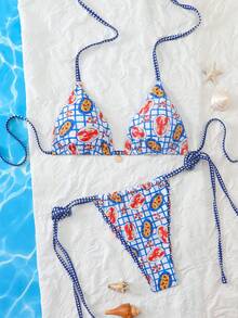 Swim Mod 2pcs Women's Reversible Printed Bikini Set, Sexy Triangle Cup Halter Swimwear Top With Matching Triangle Bottom - Multicolor - View 5