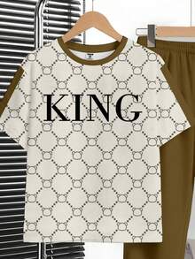男童新款休闲简约经典复古花卉图案英文字母“King”运动风宽松舒适时尚简约圆领短袖T恤和裤子套装 - 彩色 - 查看 4