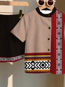 SHEIN 2pcs/Set Young Boy Shirt + Shorts, Casual Minimalist Design, Classic Retro Traditional Pattern Print, Suitable For Summer - Multicolor - View 4