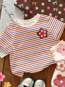 SHEIN 3pcs/Set Cute Dopamine Floral Series Cream White, Dopamine Colorful Striped Brown, Round Neck Short Sleeve Basic T-Shirts, Casual Versatile Suitable For All Seasons Daily Wear, Home, Vacation, Holiday, Easy Comfort, Spring & Summer Outfit For Little Girls, Stylish Young Girl, Casual Wear, Kids Floral Striped Graphic Clothes, Chic Summer, Fashion Winter, New Style, Chill Chill - Multicolor - View 4