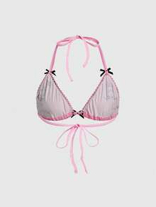 ROMWE Kawaii 女士可爱萌系表情蝴蝶结挂脖三角杯文胸 - 粉色 - 查看 2