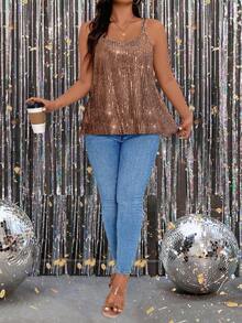 DreamSkyne 大码夏季时尚亮片圆领无袖宽松背心，适合新年假日派对穿着 - 棕色 - 查看 3