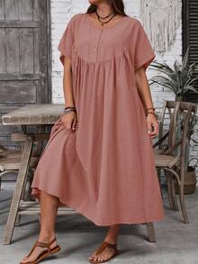 EMERY ROSE Plus Size Women Solid Color Round Neck Pleated Casual Loose Party & Daily Wear Dress - Redwood - View 7