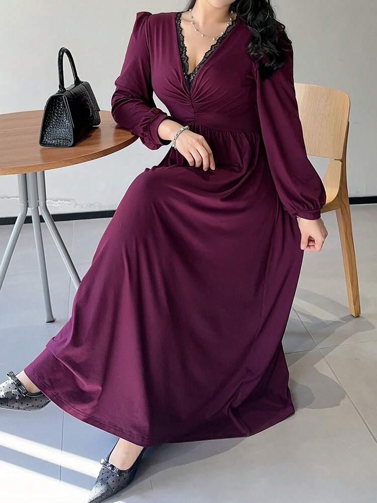 Dazy Plus Plus Size Women Elegant Contrast Lace Deep V-Neck Burgundy Waist Slimming Long Sleeve Dress For Party Dress Sundress